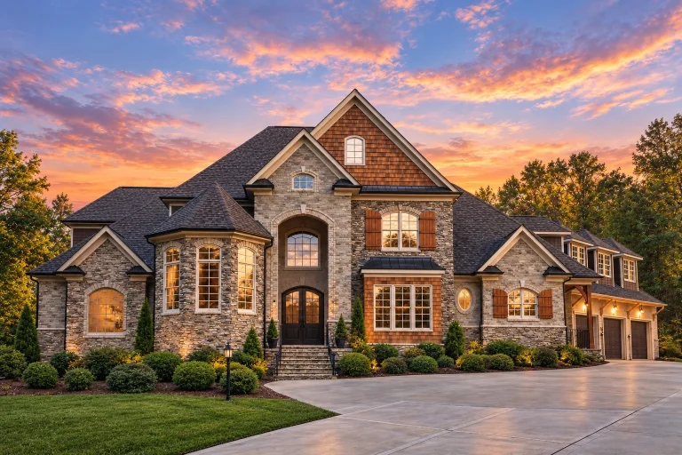 Front exterior of a Traditional Colonial brick home featuring symmetrical windows, central arched entry, and classic suburban curb appeal