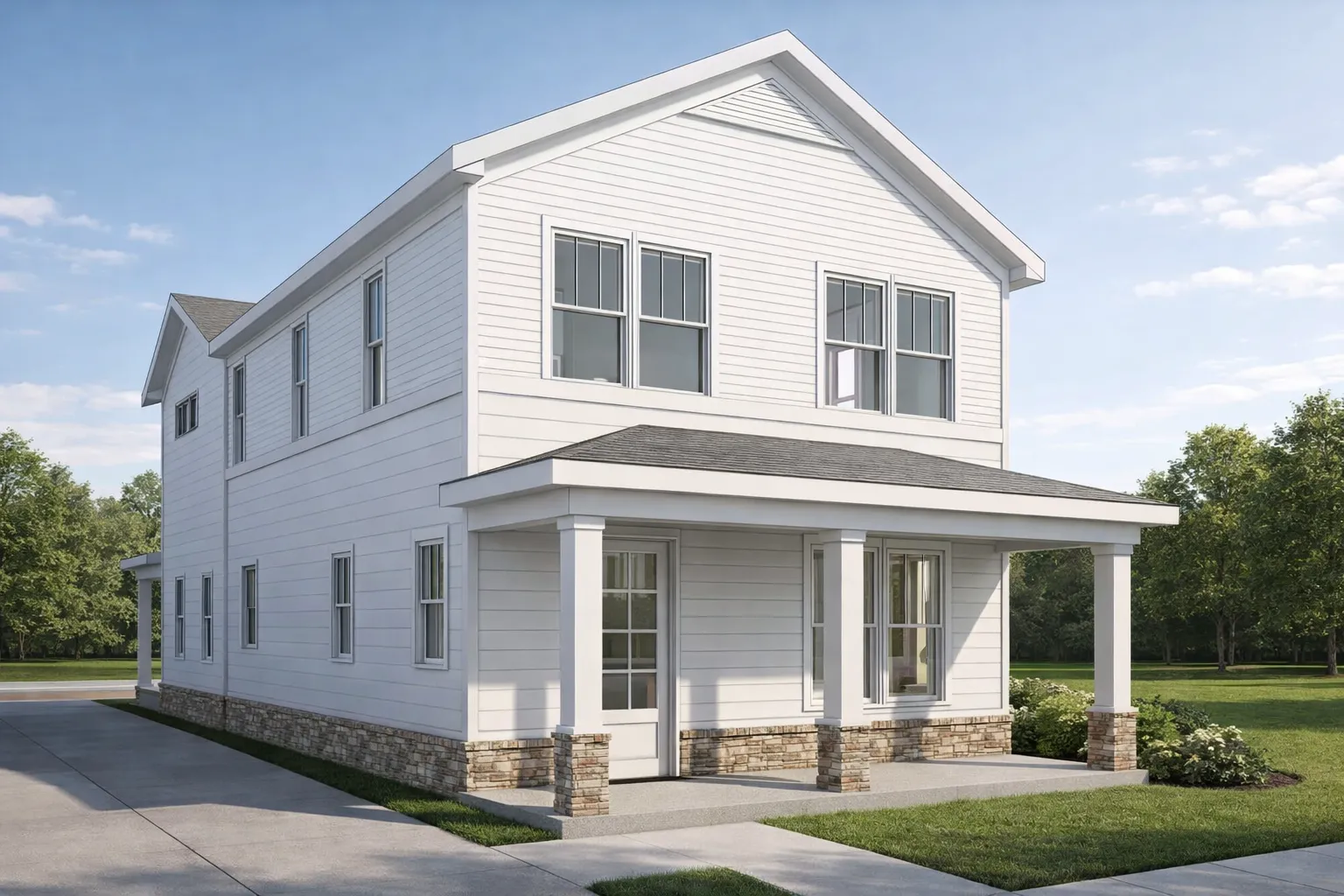 Front elevation of a New American coastal traditional house with lap siding, stone base, and covered front porch