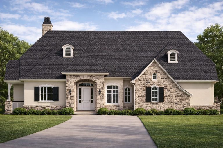 Front elevation of a French Country style home featuring stone and stucco exterior, arched windows, dormers, and a steeply pitched roof