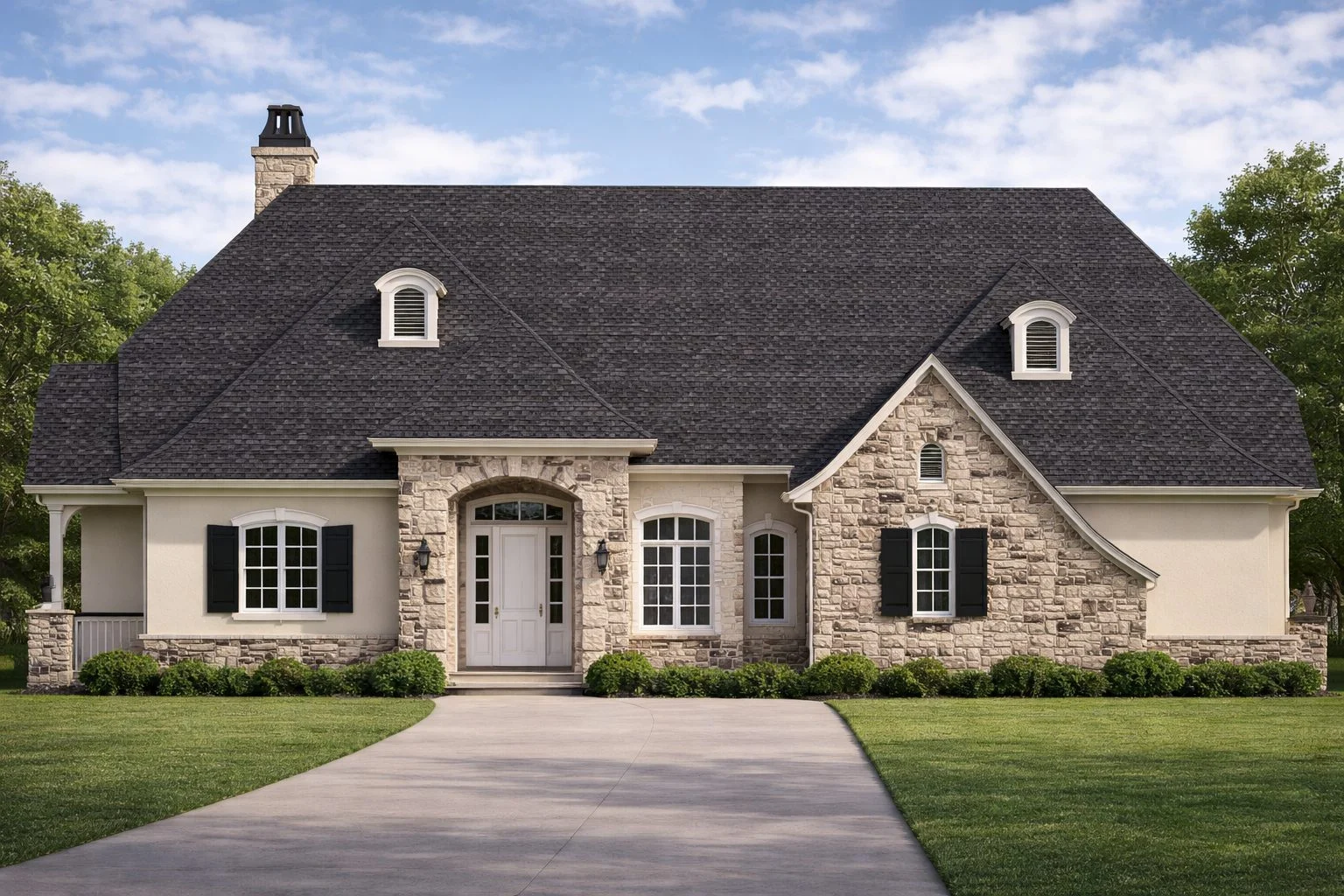 Front elevation of a French Country style home featuring stone and stucco exterior, arched windows, dormers, and a steeply pitched roof