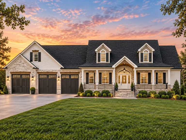 Front elevation of a Neo-Colonial style brick house with symmetrical façade, dormer windows, covered front porch, and attached garage