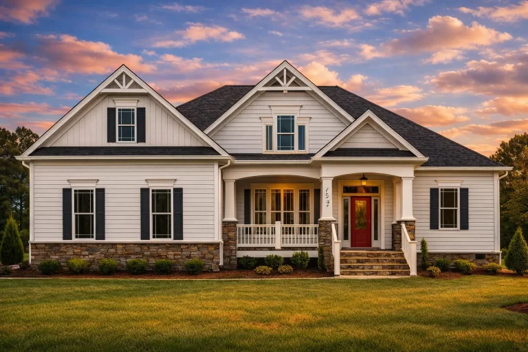 Front elevation of modern farmhouse style home with white lap siding, board and batten gables, stone veneer base, and covered porch