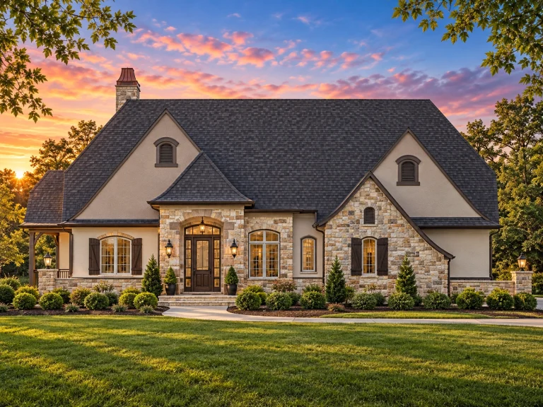 3 Bedroom House Plans 8 Front elevation of a French Country style home featuring stone and stucco exterior, arched windows, dormers, and a steeply pitched roof