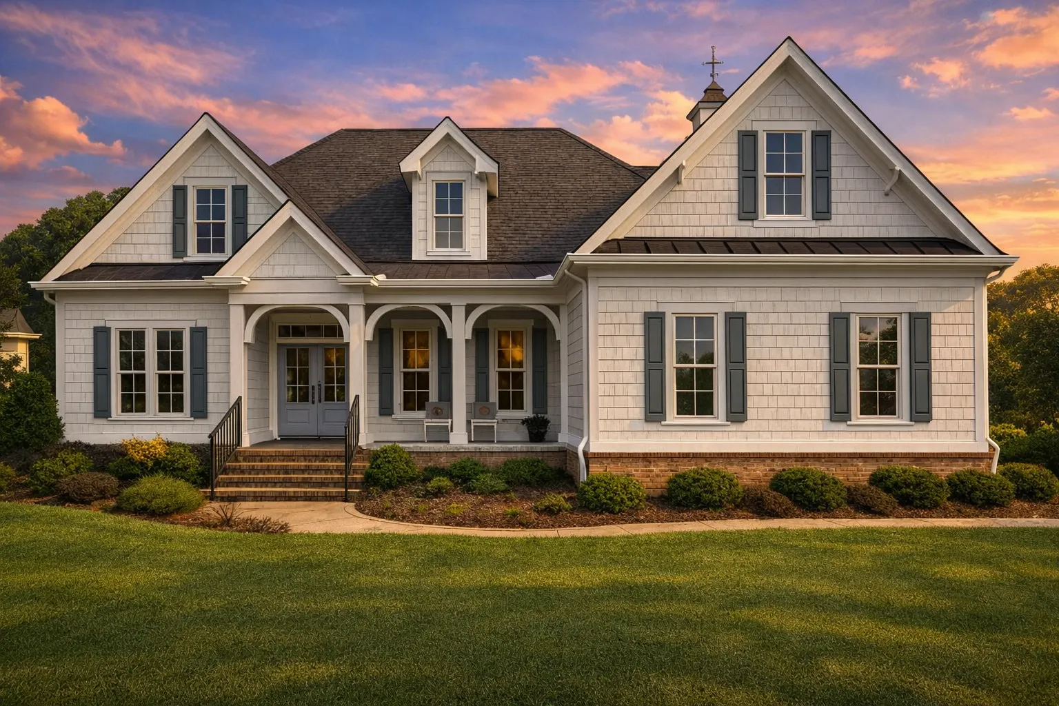Front elevation of a Coastal Farmhouse featuring shingle siding, brick foundation, and gabled roof with charming porch and decorative columns