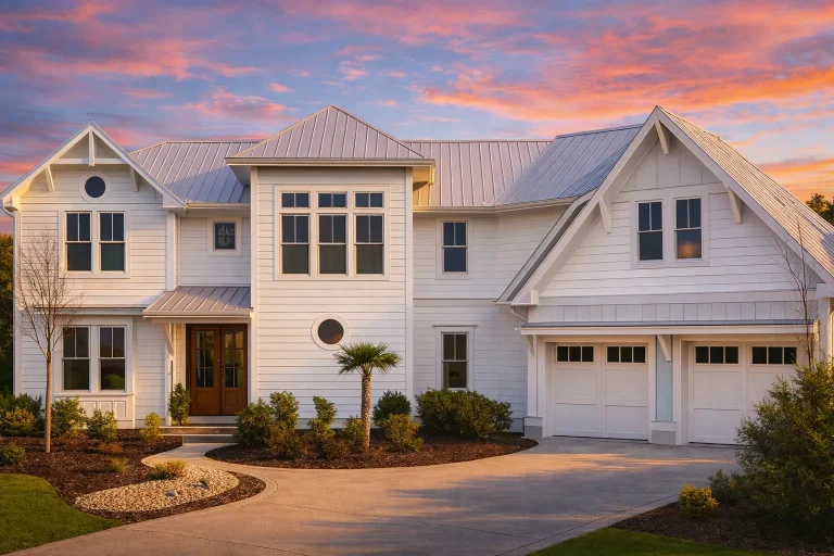 Front elevation of Coastal Farmhouse style home with white board and batten siding, standing seam metal roof, covered porch, and two-car garage