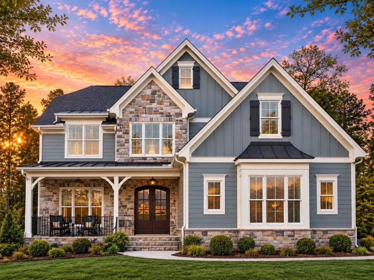 Tudor House Plans 19 Front elevation of a New American Modern Farmhouse with board and batten siding, stone accents, symmetrical windows, and a covered front porch