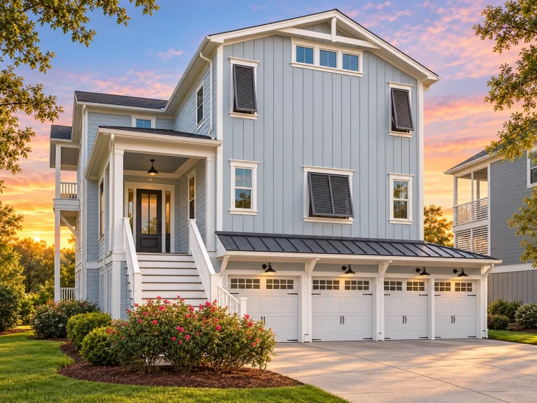 Front exterior view of a Coastal Farmhouse Low Country style home with board and batten siding, elevated living space, covered porch, and multi-car garage
