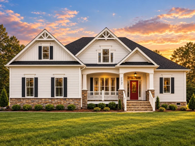 Front elevation of modern farmhouse style home with white lap siding, board and batten gables, stone veneer base, and covered porch