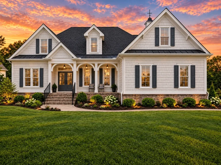 Front elevation of a Coastal Farmhouse featuring shingle siding, brick foundation, and gabled roof with charming porch and decorative columns