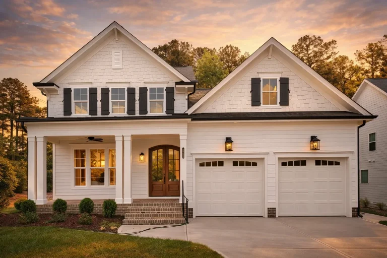 Front exterior of a New American Modern Traditional house with horizontal siding, stone accents, covered porch, and double front-entry garage