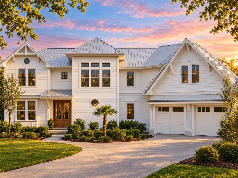 Front elevation of Coastal Farmhouse style home with white board and batten siding, standing seam metal roof, covered porch, and two-car garage