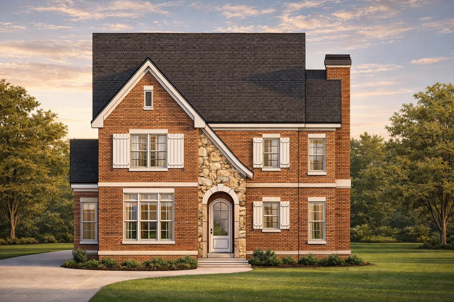 Front elevation of a Traditional Colonial style home with red brick exterior, stone entry surround, shutters, and balanced window layout