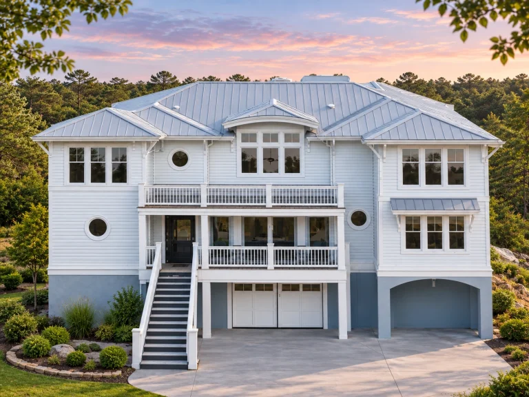 Front exterior of a Coastal Low Country style luxury home with elevated foundation, metal roof, lap siding, balconies, and symmetrical beach-inspired architecture