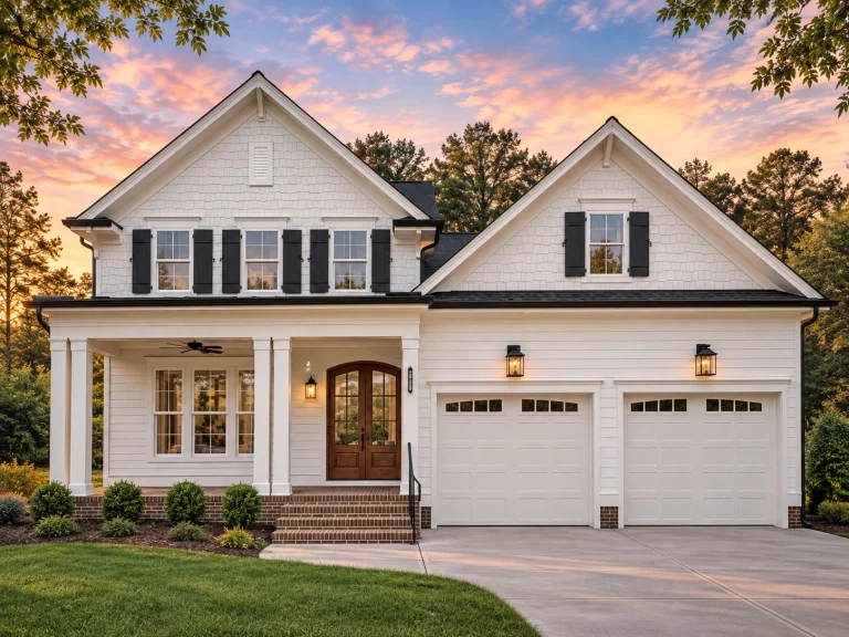 Front exterior of a New American Modern Traditional house with horizontal siding, stone accents, covered porch, and double front-entry garage