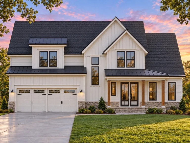 Front elevation of a Modern Farmhouse style home with board and batten siding, metal porch roof, and welcoming covered front porch