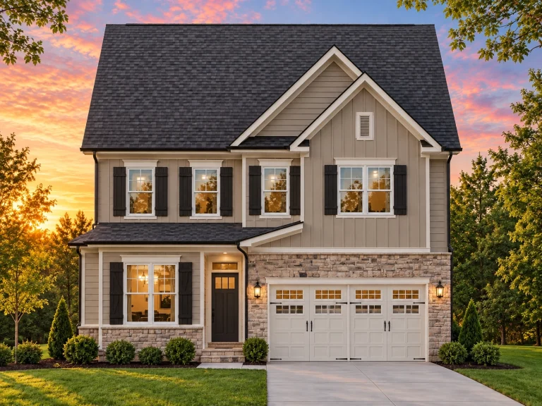 House Plans with Fireplace 18 Front elevation of a two-story Traditional Colonial home featuring board and batten siding, horizontal lap siding, stone base accents, and a gable roof over a two-car garage