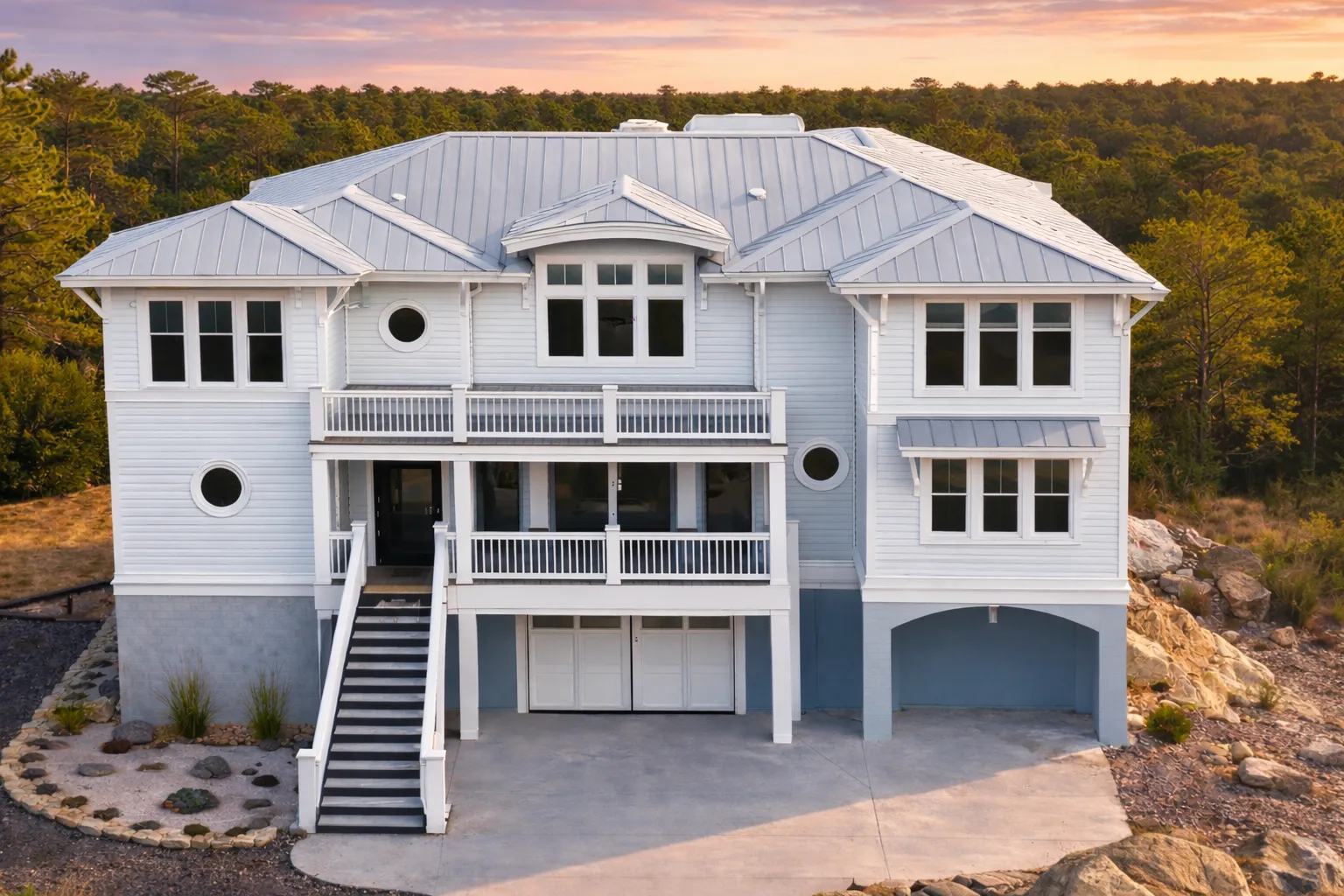 Front exterior of a Coastal Low Country style luxury home with elevated foundation, metal roof, lap siding, balconies, and symmetrical beach-inspired architecture