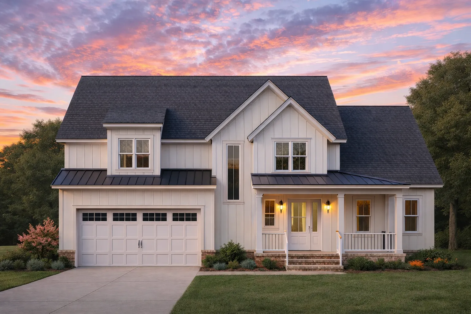 Front elevation of a Modern Farmhouse style home with board and batten siding, metal porch roof, and welcoming covered front porch