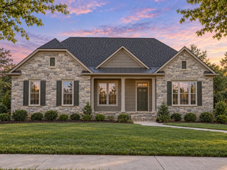 Front elevation of a traditional ranch style home featuring stone exterior, symmetrical windows, dark roof, and covered front porch