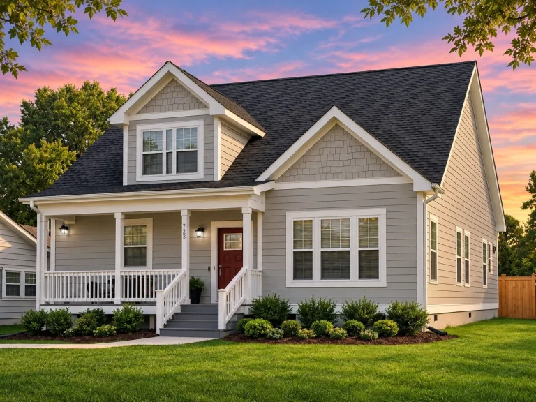 House Plans with Fireplace 5 Front view of a Cape Cod Cottage style house featuring horizontal siding, board and batten gable detail, and brick foundation with a welcoming covered porch entry
