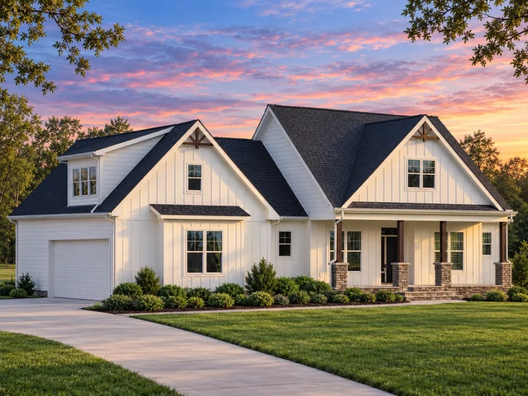 Front elevation of Craftsman Cottage style home featuring board and batten siding, stone wainscoting, gabled rooflines, and a welcoming covered porch