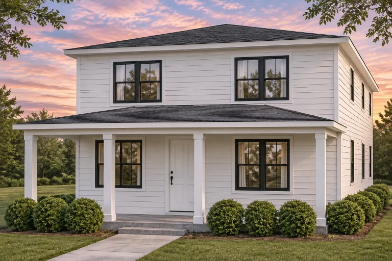 House Plans with Fireplace 7 Front elevation of New American style two-story home with horizontal lap siding, symmetrical windows, and full-width covered front porch