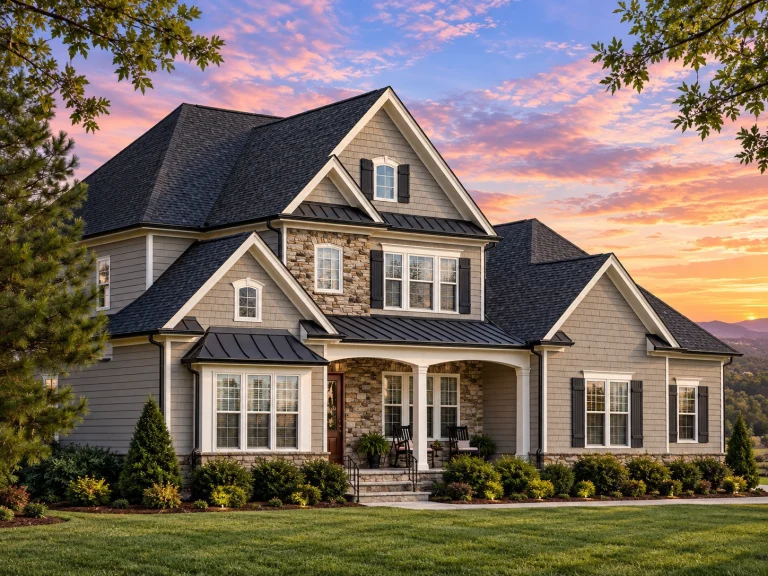 House Plans with Fireplace 6 Front elevation of New American transitional house with lap siding, shake shingles, stone accents, and covered entry porch