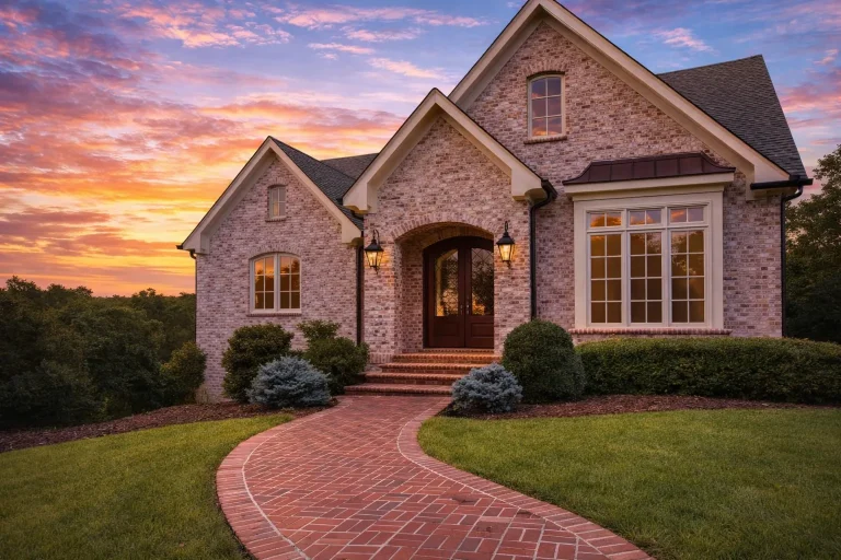 Front elevation of a traditional Colonial Revival style home with brick exterior, arched entry, and symmetrical windows