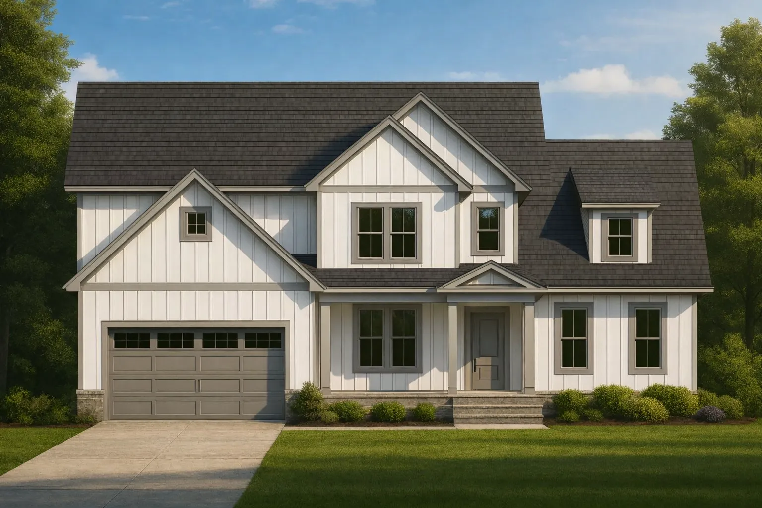 Front elevation of a modern farmhouse style home featuring white board and batten siding, dark gabled roof, covered front porch, and attached two car garage