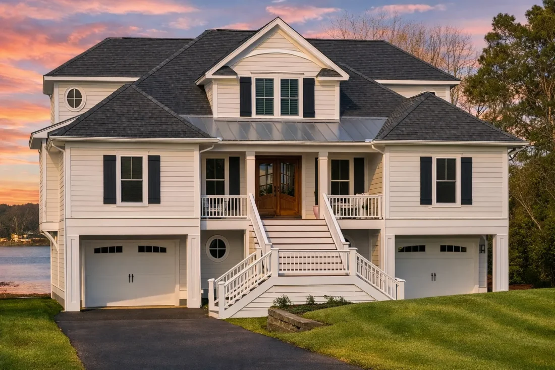 Front elevation of a Coastal Southern style home with elevated design, horizontal siding, twin garages, covered porch, and symmetrical Colonial-inspired façade