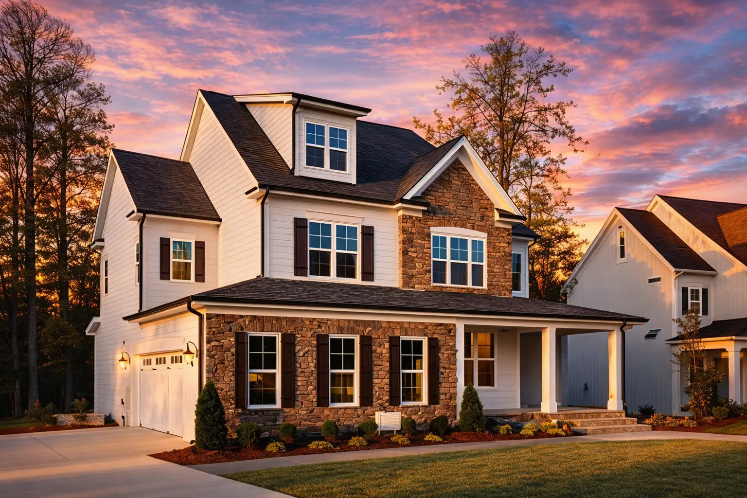 Front view of a two-story Traditional Colonial home featuring stone and siding exterior, symmetrical windows, and covered front porch with classic columns
