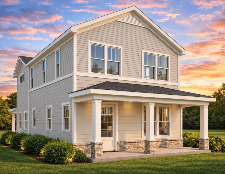 Front elevation of a New American coastal traditional house with lap siding, stone base, and covered front porch