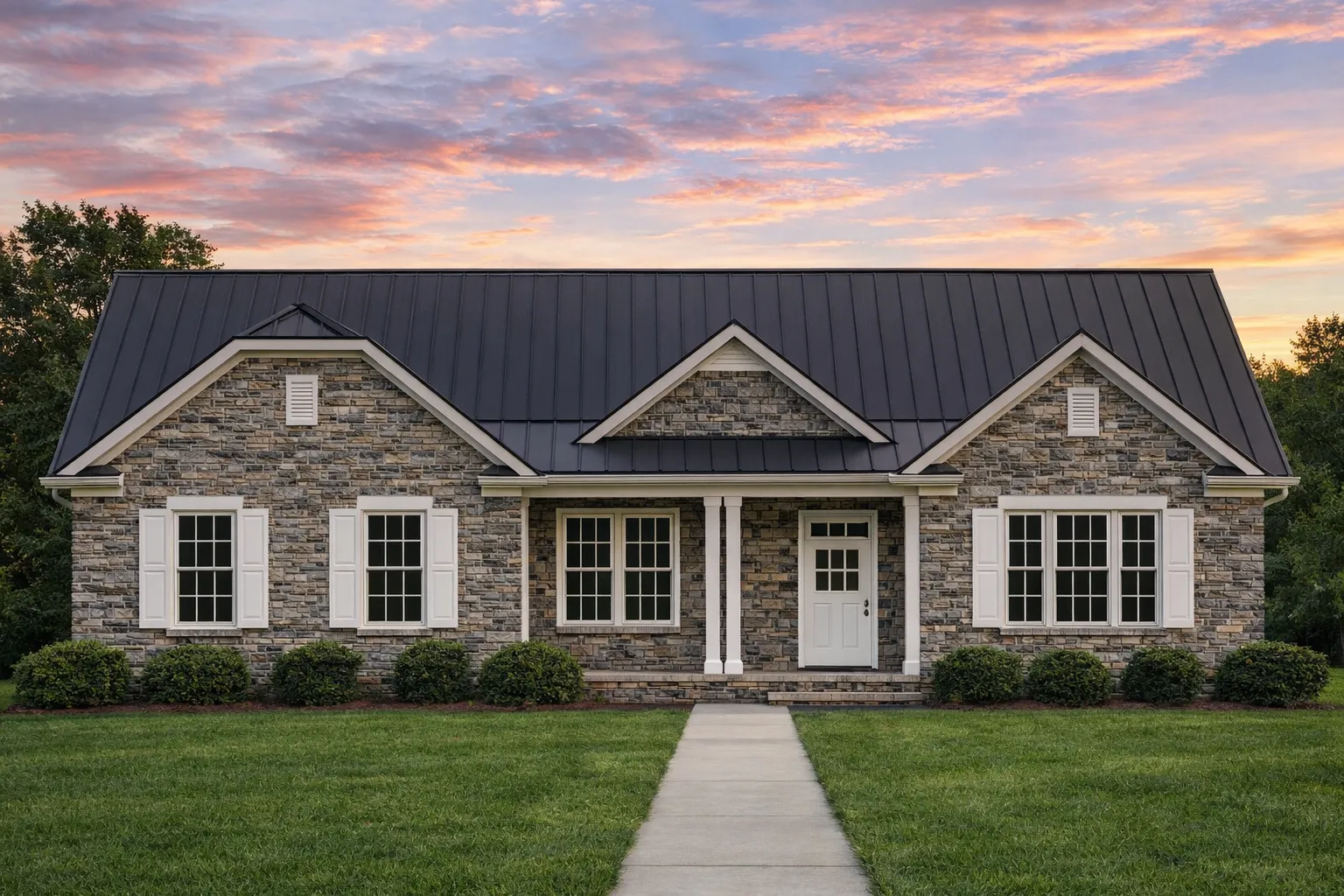 Front elevation of a traditional ranch style home featuring stone exterior, symmetrical windows, dark roof, and covered front porch