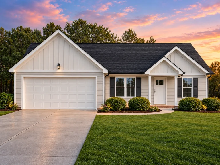 Front view of Traditional Ranch style home featuring board and batten siding, gable rooflines, and a two-car front entry garage