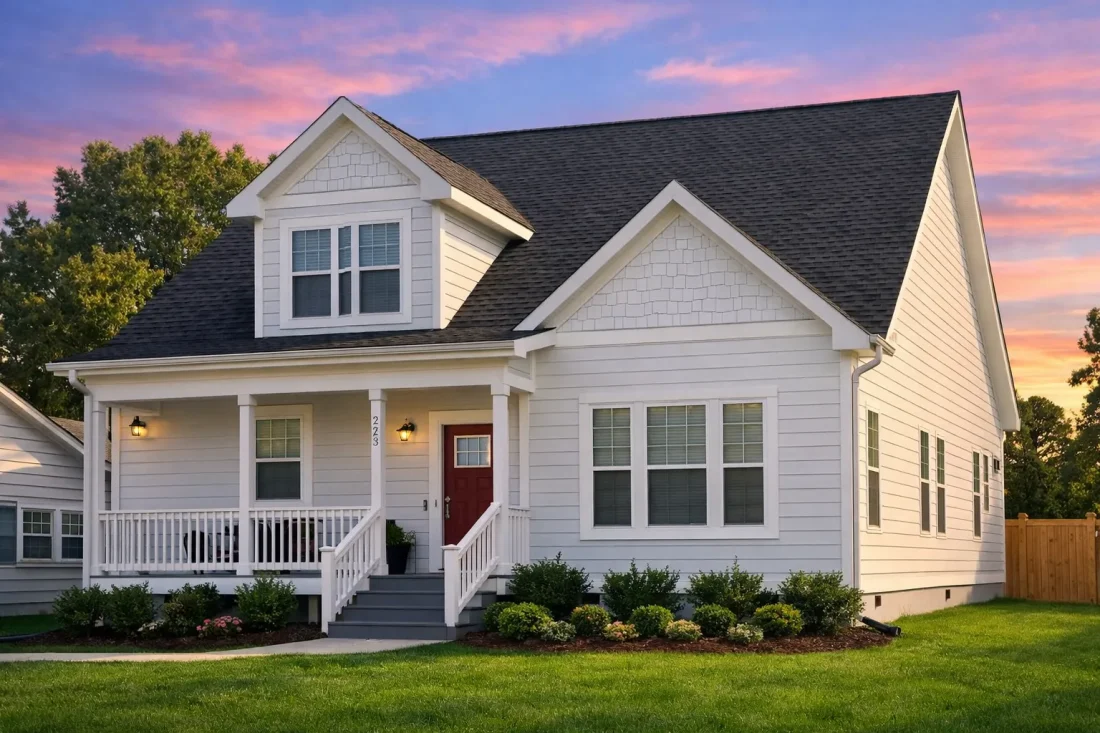 Front view of a Cape Cod Cottage style house featuring horizontal siding, board and batten gable detail, and brick foundation with a welcoming covered porch entry