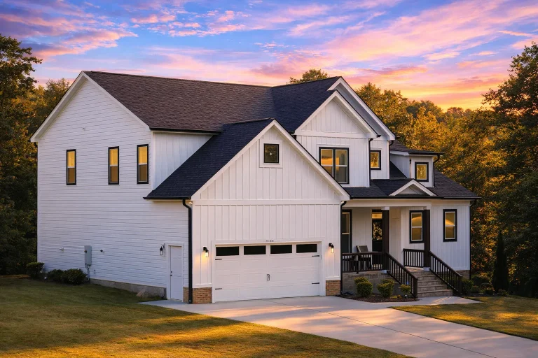 Front elevation of a modern farmhouse style home featuring white board and batten siding, dark gabled roof, covered front porch, and attached two car garage