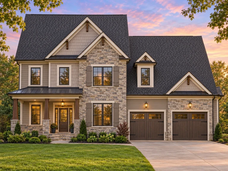Front elevation of a New American modern traditional house with stone veneer, horizontal siding, and attached two-car garage