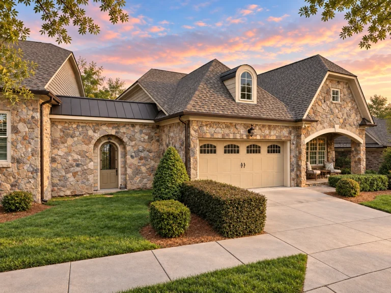 Front exterior of a French Country style home featuring natural stone masonry, arched entry, steep rooflines, and European architectural character