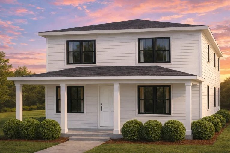 Front elevation of New American style two-story home with horizontal lap siding, symmetrical windows, and full-width covered front porch