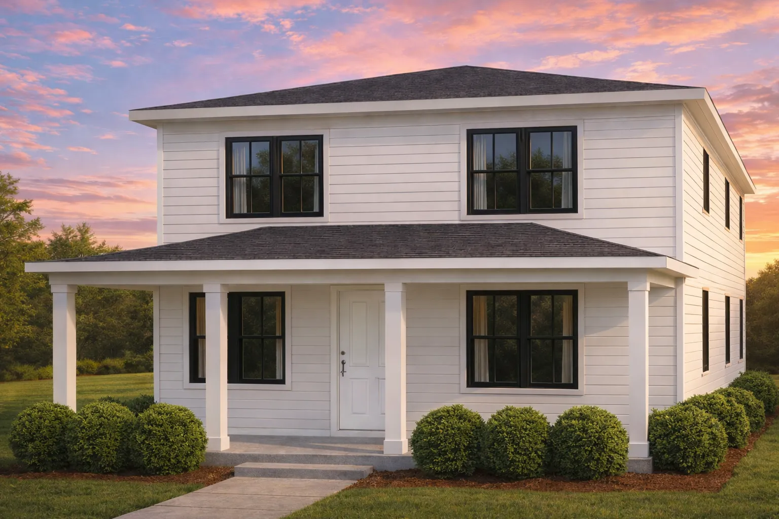 ADU House Plans 13 Front elevation of New American style two-story home with horizontal lap siding, symmetrical windows, and full-width covered front porch