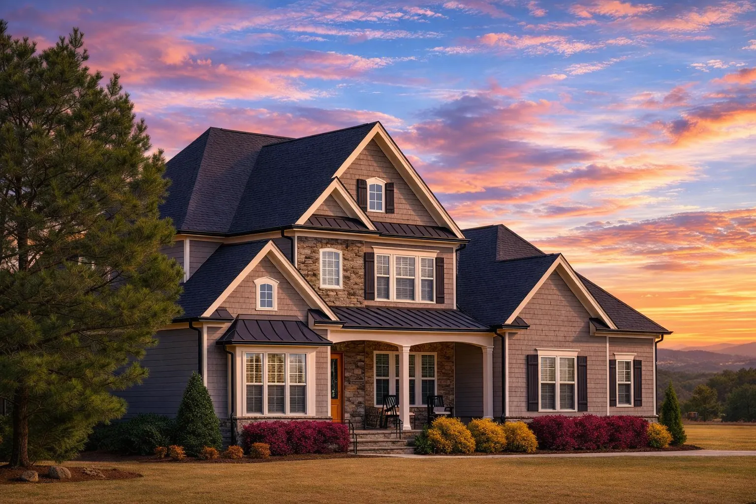 ADU House Plans 23 Front elevation of New American transitional house with lap siding, shake shingles, stone accents, and covered entry porch