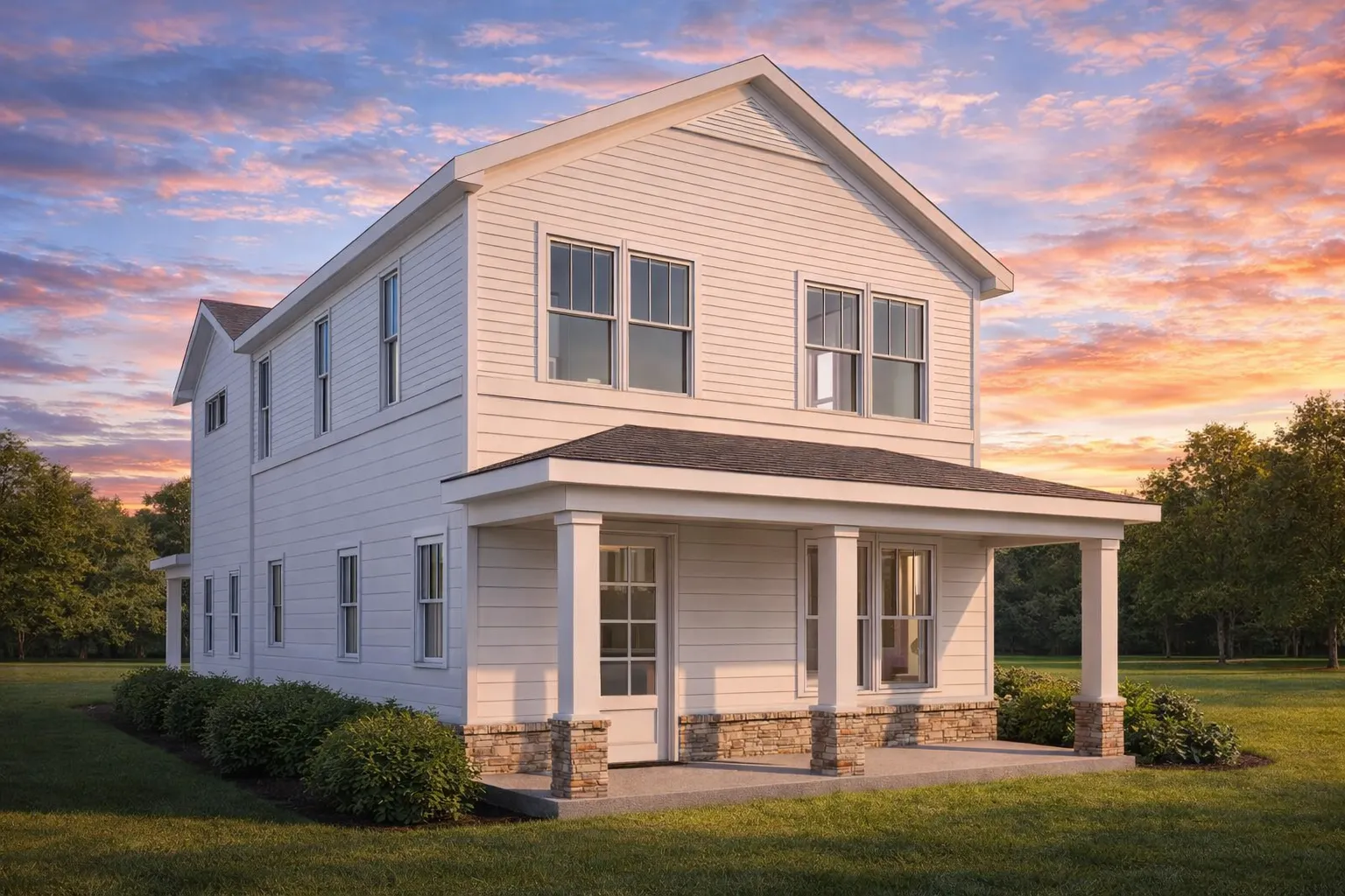 Front elevation of a New American coastal traditional house with lap siding, stone base, and covered front porch