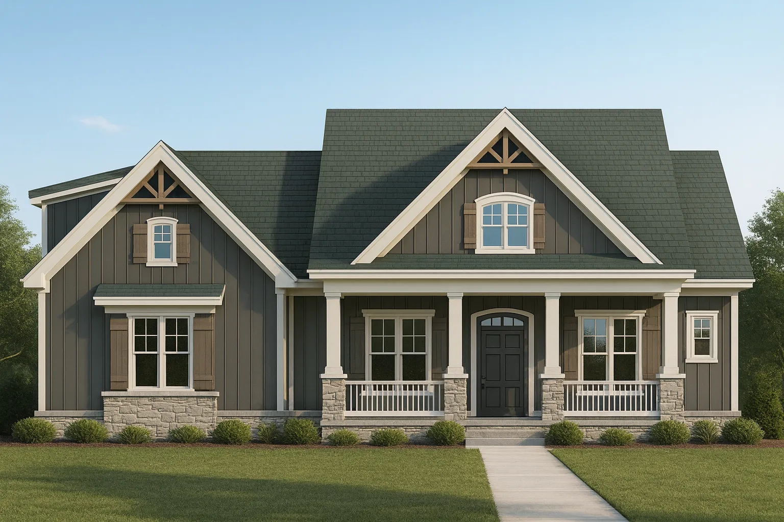 Front view of Craftsman Farmhouse featuring board and batten siding, stone base, dark trim, and welcoming covered porch with gabled rooflines