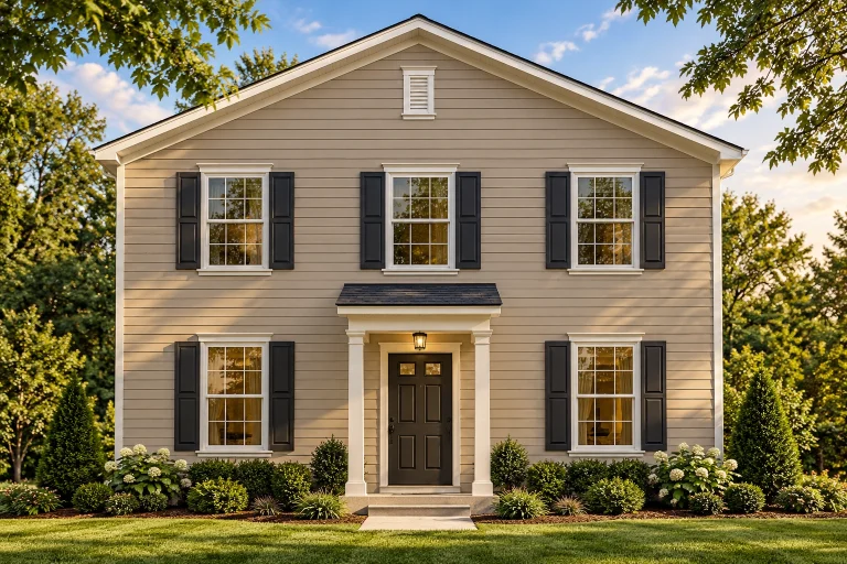 House Plans with Outdoor Kitchen 21 Front elevation of a Traditional Colonial style home featuring tan horizontal siding, black shutters, and a symmetrical façade with a centered entry door.