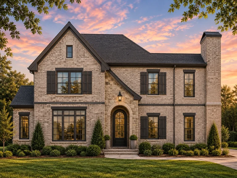Front elevation of a Traditional Colonial style home with red brick exterior, stone entry surround, shutters, and balanced window layout