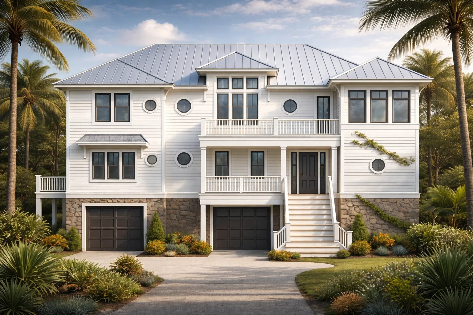 Beach House Plans 7 Front exterior of a Coastal Low Country style luxury home with elevated foundation, metal roof, lap siding, balconies, and symmetrical beach-inspired architecture