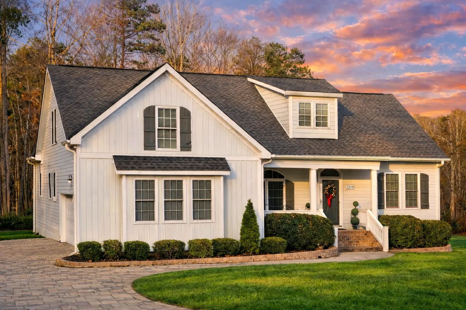 Front elevation of a Modern Farmhouse home featuring board and batten siding, horizontal lap siding, brick foundation, and cottage-style architectural details
