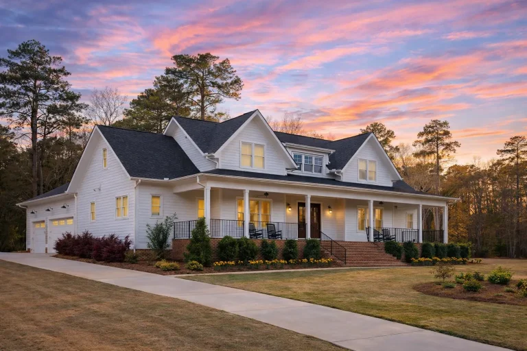Front elevation of a Modern Farmhouse style home with white lap siding, symmetrical gables, covered front porch, and classic farmhouse detailing