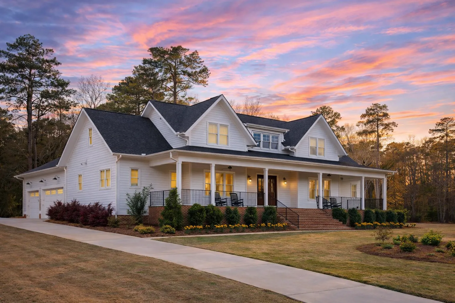 House Plans with Second Floor Laundry Room 13 Front elevation of a Modern Farmhouse style home with white lap siding, symmetrical gables, covered front porch, and classic farmhouse detailing