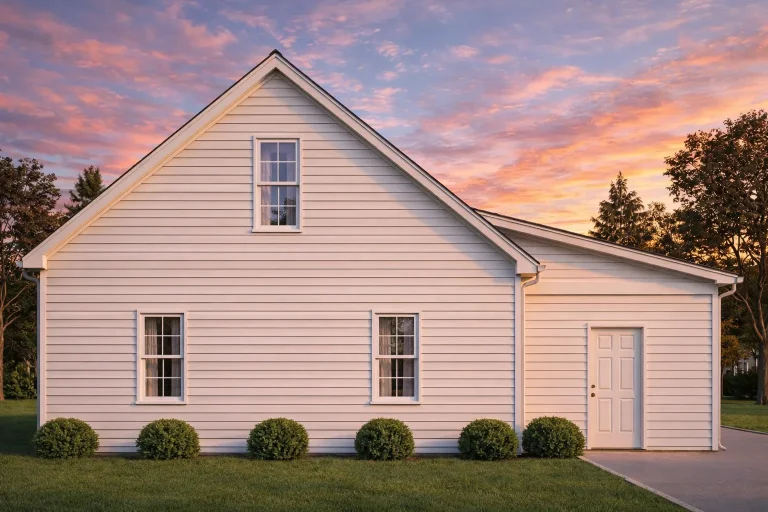 Front elevation of an American Cottage style home featuring clean horizontal lap siding and a simple gable roofline